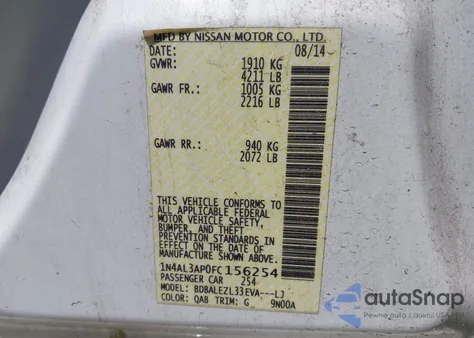 2015 Nissan Altima 2.5 S z USA, uszkodzony, nr VIN 1N4AL3AP0FC156254